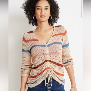 Striped Cinch Front Open Stitch Sweater